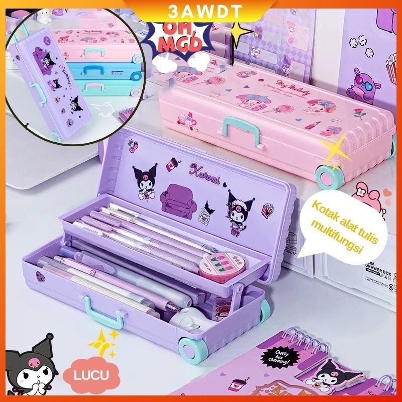 

【Stiker gratis】Kuromi Cinnamoroll Pochacco Stationery Box Creativity Suitcase Modeling Portable High Capacity Storage Pencil Case perlengkapan sekolah anak