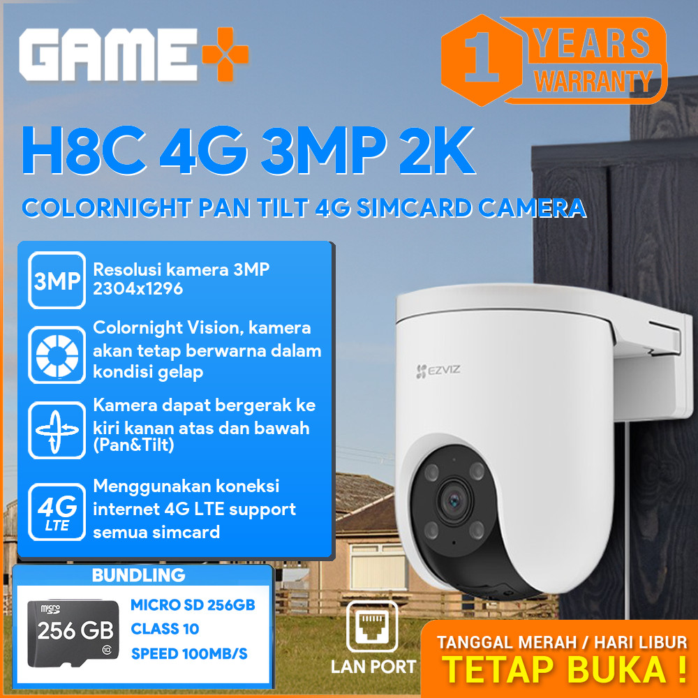 EZVIZ H8C 4G 3MP 2K COLORNIGHT PAN TILT 4G SIMCARD ALL OPERATOR CAMERA FREE MICRO SD 256GB