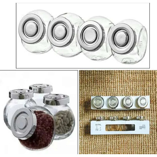 RAJTAN Tempat Bumbu Dapur isi 4 Pcs bentuk unik minimalis mewah tutup besi bahan kaca tebal mewah SP