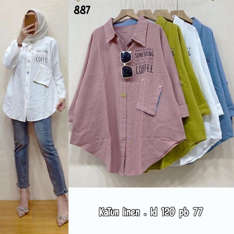 Tunik & Atasan Kemeja JUMBO Katun Linen Import Polos Bordir Tulisan FeLlA#886-887/ GAMIS MODEL BARU 