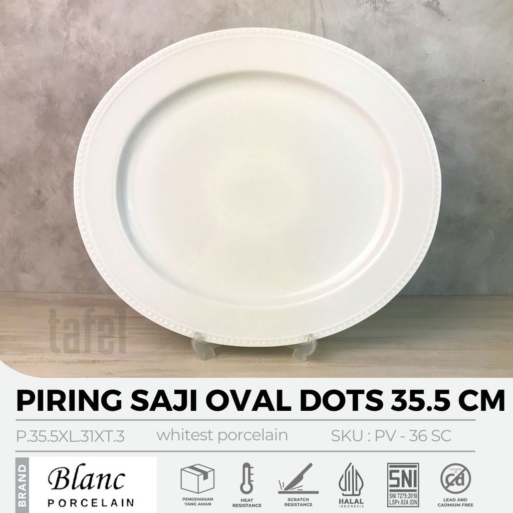 Piring Saji Keramik Oval White Dots HORECA 35.5 cm