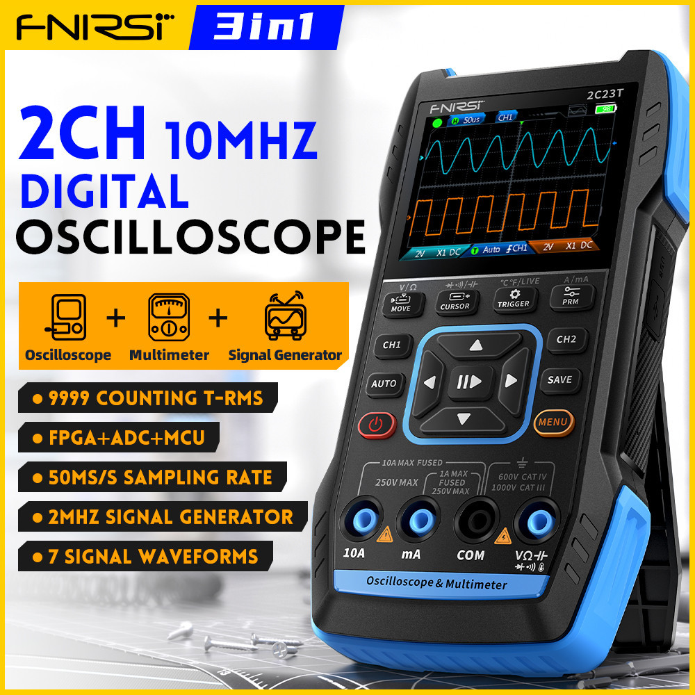 FNIRSI 2C23T 3IN1 Dual Channel Digital Oscilloscope Multimeter + Function Signal Generator 10MHZ*2 5