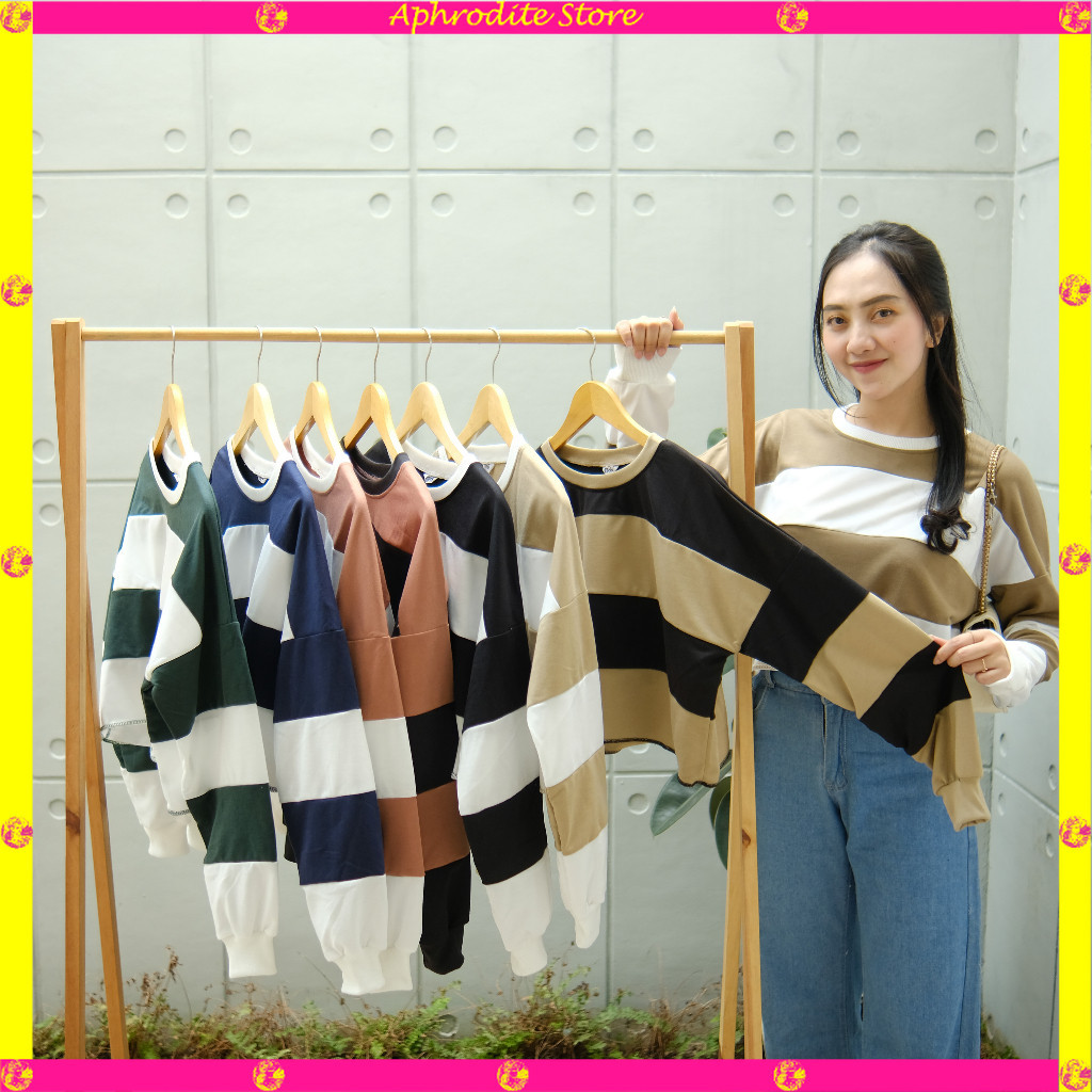 DISKON PRODUK TERMURAH & TERBARU // Sweater Strip Oversize Crop top Sweater Strip Wanita - Kaos wani