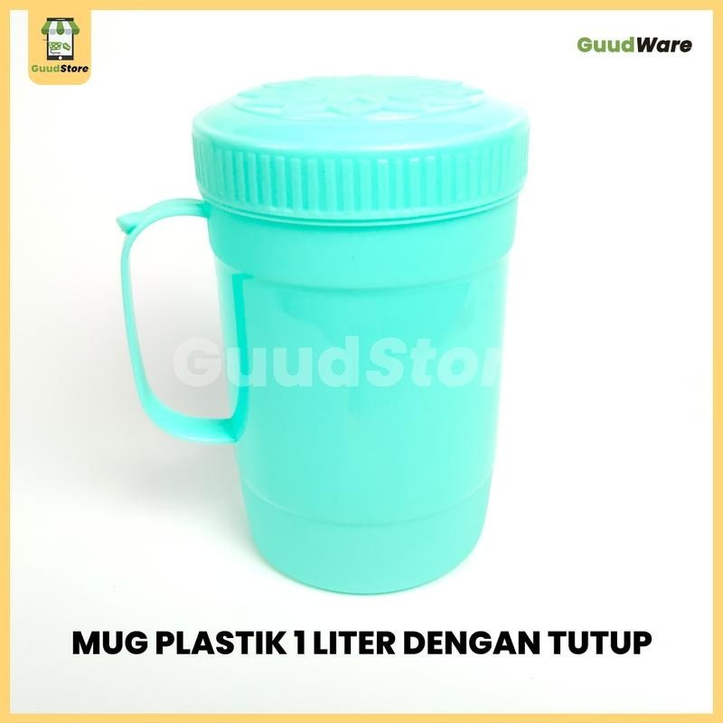 6 PCS MUG PLASTIK 1 LITER + TUTUP TUMBLER MUG PLASTIK MUG BUAT TEH DAN KOPI - BIRU