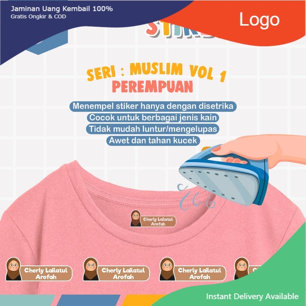 

[ISI 44-96pcs] Stiker Custom Nama Baju Kain Anak Setrika Label Seragam Sekolah - Seri Muslim Perempuan 1