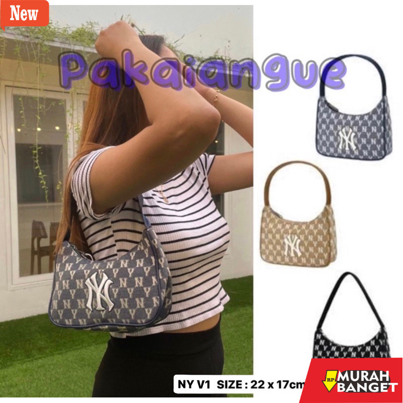 Tas Bulan Sabit Wanita [BISA COD] TAS MLB NY JACQUARD HOBO BAG MONOGRAM / TAS BAHU NY MLB / TAS SELE