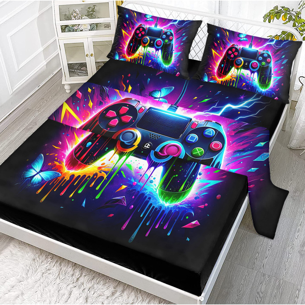 

Colored Paint Video Game Controller Sheet Set 4pcs Blue Butterfly Print with Includes 1 Flat Sheet,1 Fitted Sheet,2 Shams