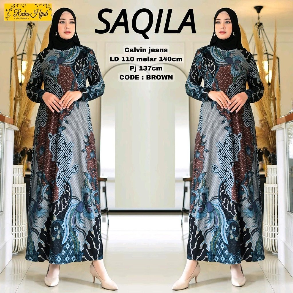Gamis Jumbo Saqila Maxi Dress Bahan Kaos Calvin Jeasn Motif Batik BB 50 - 80 kg LD 110 Melar 140