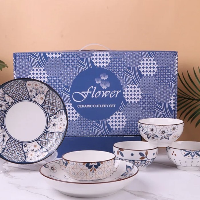 

✨LARIS✨ -Blue Porcelain Rice soup Bowl gift Set wedding ied birthday hampers - 4bowls2plates