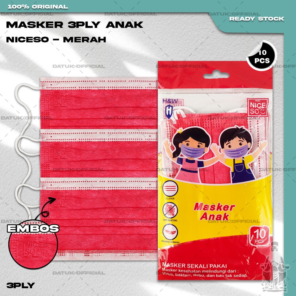 Masker Anak Medis 3Ply NICESO Isi 10Pcs Warna Merah Red 3 Ply Earloop Surgical Mask Kemenkes