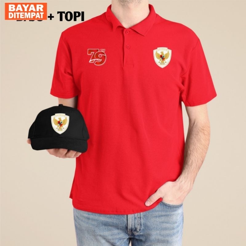 T-shirt Kaos Polo Kemerdekaan RI Ke 79 TH Baju Kerah Gratis Topi Atasan Pria Wanita Distro