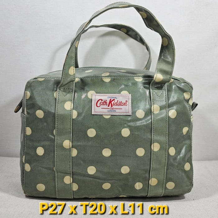 Cath Kidston London original mini duffle tote bag cotton kanvas coated motif polkadot olive green ta