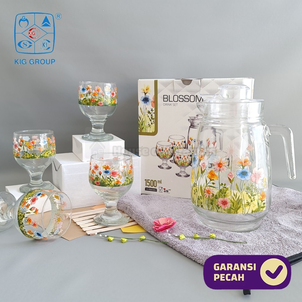 KIG  1 SET Drink Teko Cangkir Set BLOSSOM  Pitcher Set Beling Jug Drink Set 4 Gelas Gagang + 1 Teko 