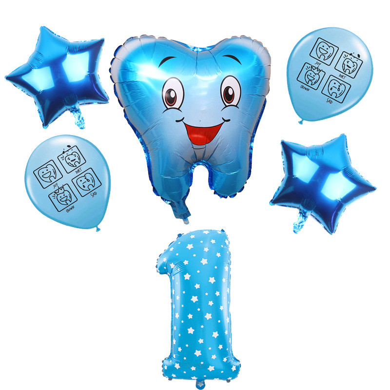 

6pcs Blue Pink Cartoon Teeth Theme Ballons Expression Smile Face Tooth Latex Balloons Number 1-9 Birthday Party Decor Kids Toys
