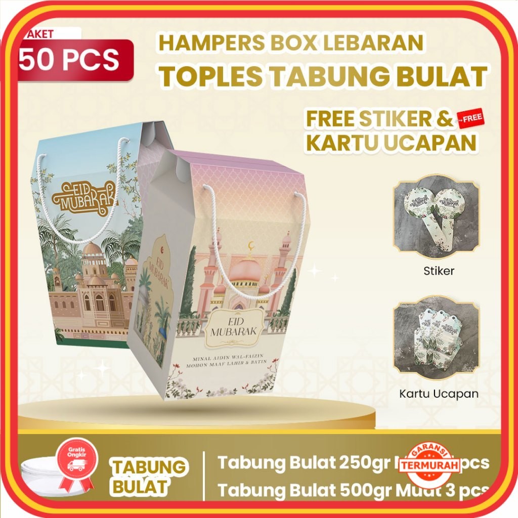 

Hampers Murah Anniversary Wedding Keren Unik Lucu / 50pcs Gable Box kotak hampers Lebaran idul fitri Tali jinjing/Box Hampers besar toples BULAT Kue Kering Idul Fitri / estetik finishing foil (Paket 50pcs) muat toples BULAT (250gr : 5 toples) atau (500gr