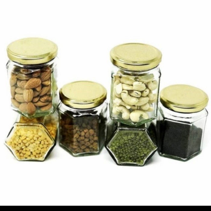 Toples Hexagonal Segi Enam 280ML Tutup Putar Kedap Kuning Emas Toples Beling Kaca Kecil Mini Bumbu D