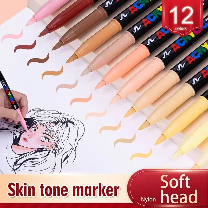 

12 Skin Acrylic Paint Marker Pens,Soft Brush Nib Skin Tones Art Markers for Rocks Tiles Glass Ceramic Wood Painting Art Supplies