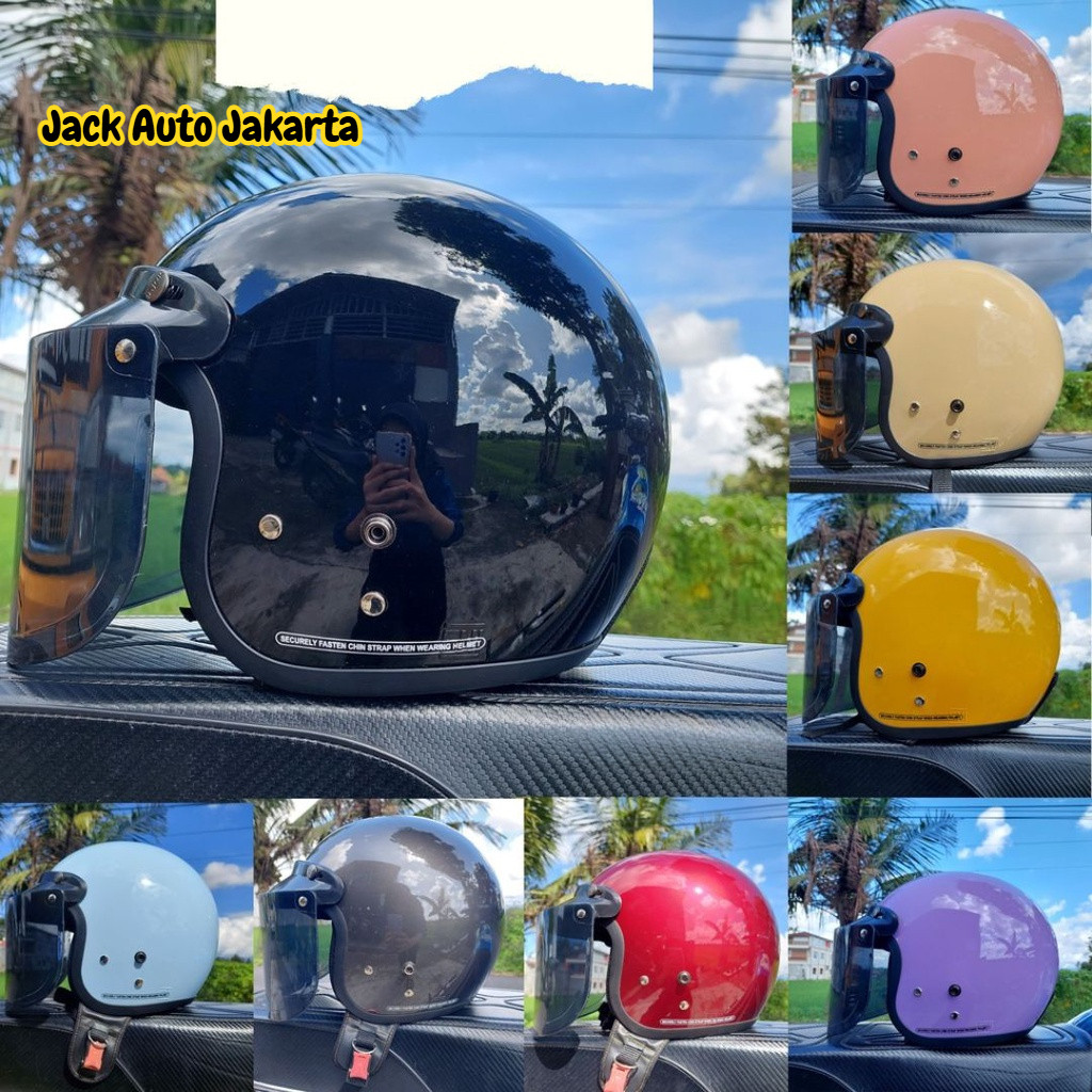 PROMO Helm bogo kaca datar retro pria wanita dewasa warna hitam ukuran S/M/L/XL SNI TERLARIS