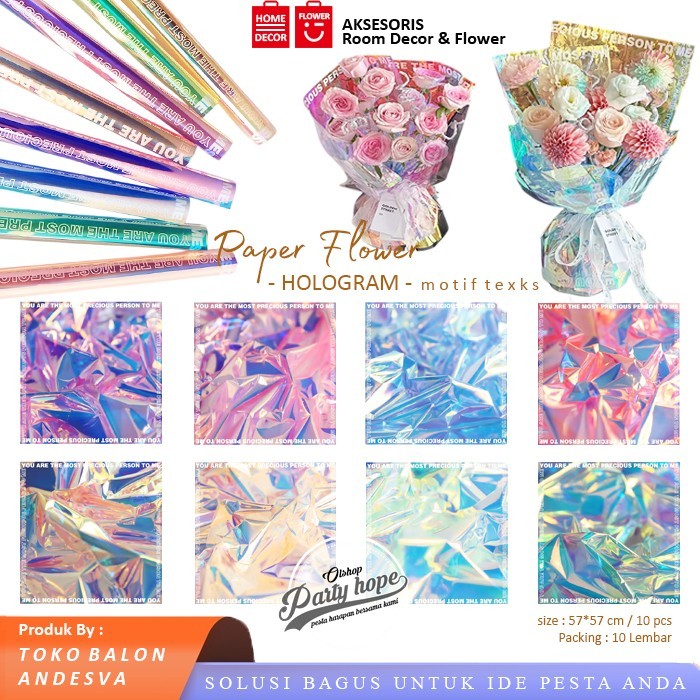 

[isi 10] Kertas Buket Hologram Motif Teks / Kertas Paper Wrapping Flower Cellophane Hologram Mengkilap