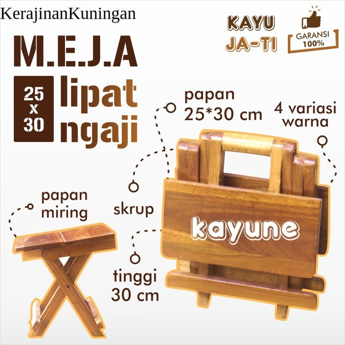Meja Lipat Rekal Ngaji Mini 25x30 cm Papan Miring Material Kayu Jati Solid - kayune - - Mentah halus