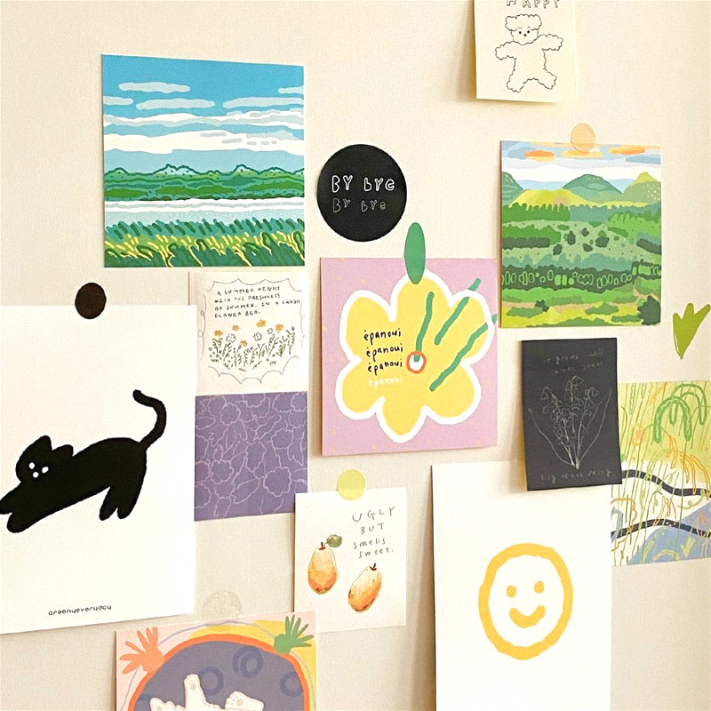 

5pcs Decoration Cards Double Sided Hand Painting Writable Square Metope PostCard Small Poster Notebook Photo Props Wall Sticker