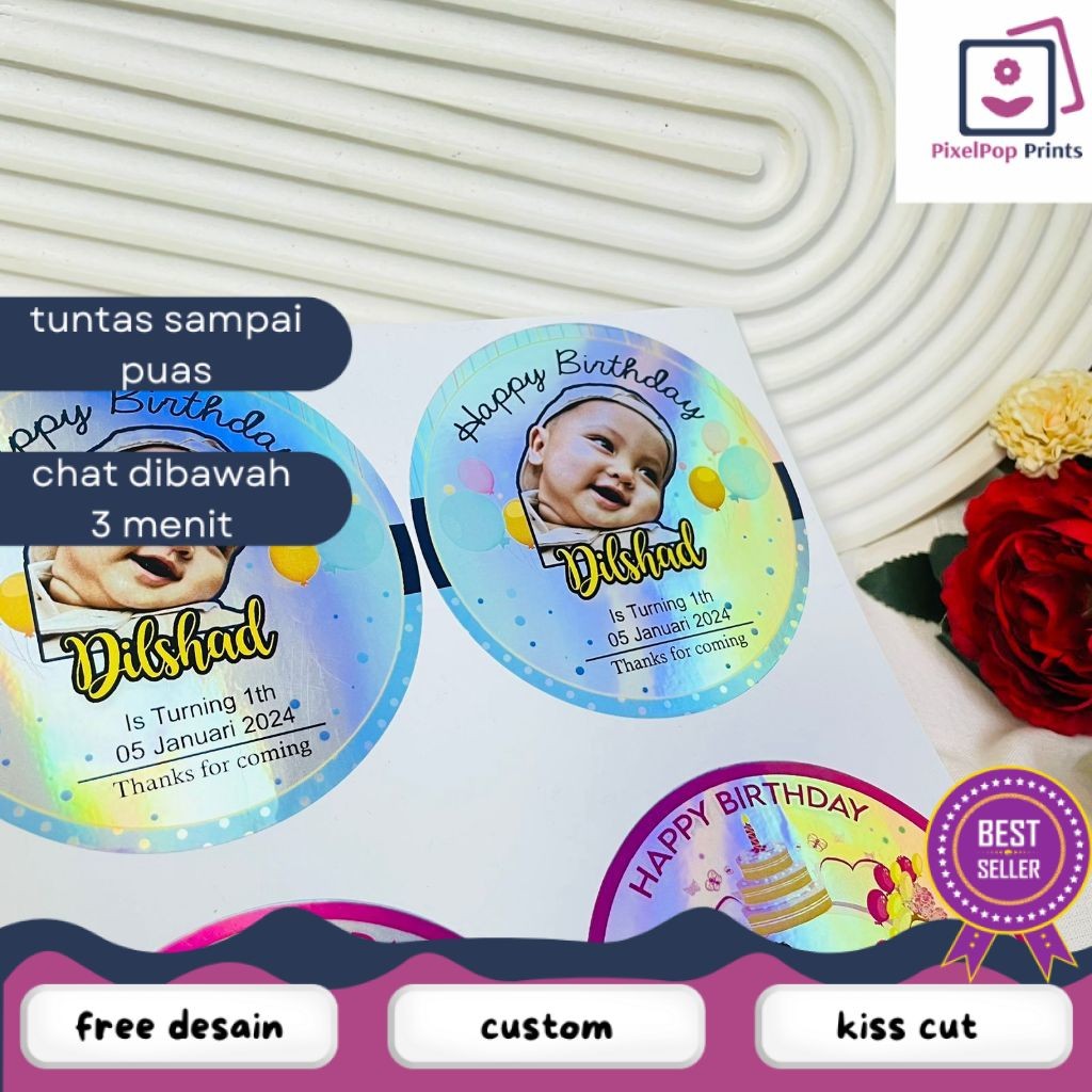 

Opikapip 2-4 Sticker Undangan Ulang Tahun Anak Label Stiker Happy Birthday Bahan Hologram Anti Air