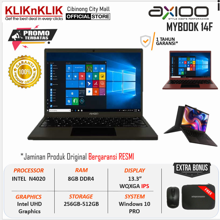 Laptop Sekolah kuliah kerja Murah baru AXIOO MyBook 14F Intel N4020 Ram 8GB 512GB SSD 13" Inch WQXGA