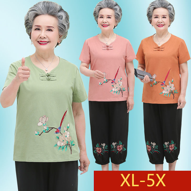 Wanita paruh baya dan lansia musim panas berpakaian ibu baju kaos lengan pendek 60-70 tahun 80 tahun