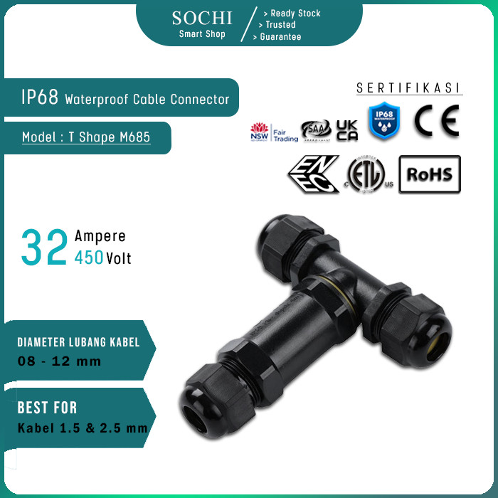 T Shape Konektor kabel 2.5 mm IP68 Waterproof Sambungan Kabel Listrik
