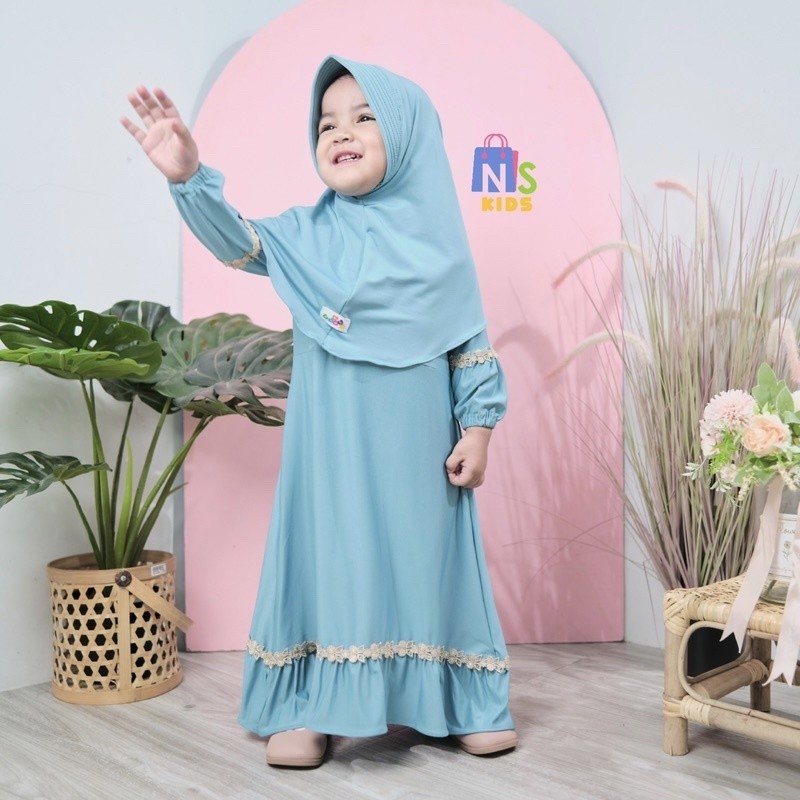 Jelita Set Gamis Anak + Jilbab Perempuan Renda Original Nskids /  Gamis Bayi Perempuan Renda Satu Wa