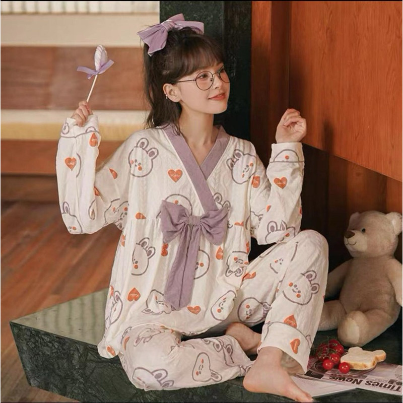 Baju Tidur Baby Doll wanita set pajamas wanita lengan panjang celana panjang