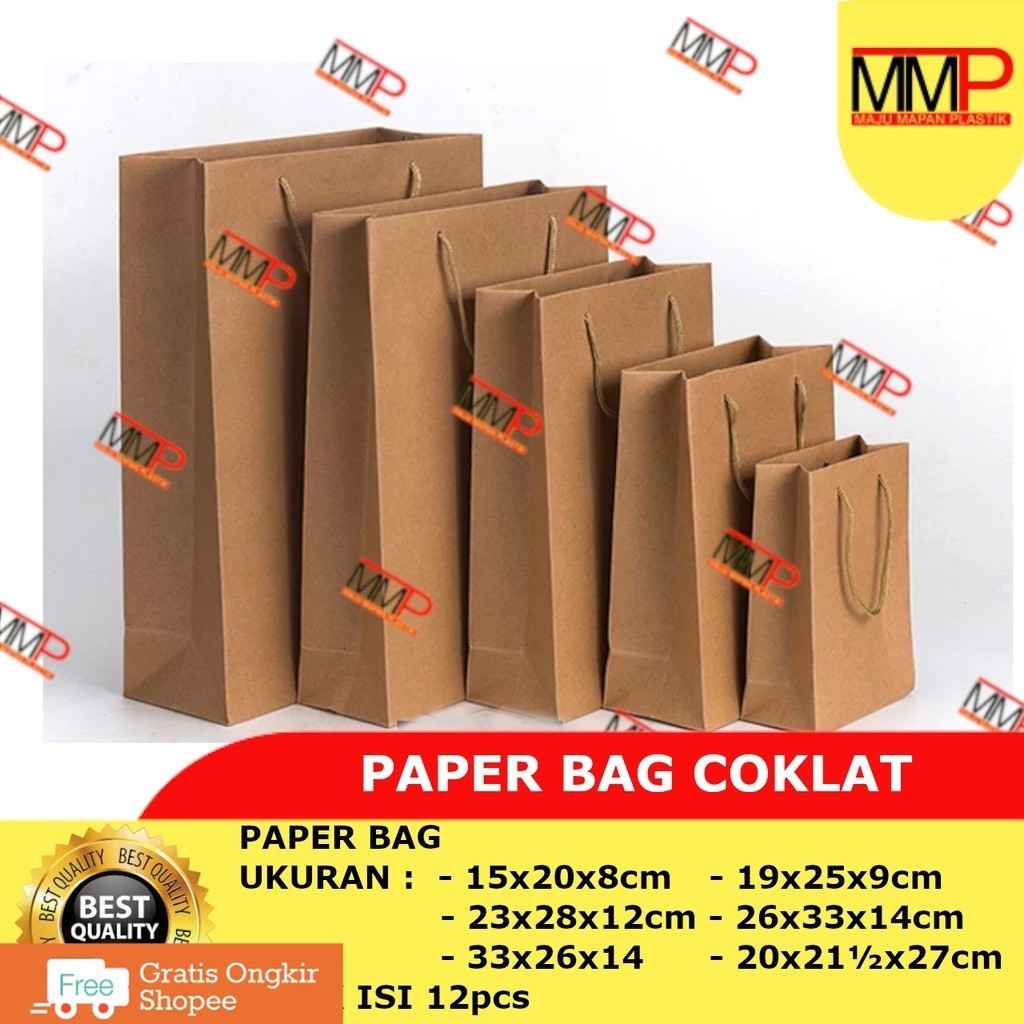 

[12 pcs] Paper Bag Coklat / Kantong Tas Kertas Coklat / Tas Kertas Belanja / Godie Bag Ultah / Tas Souvenir