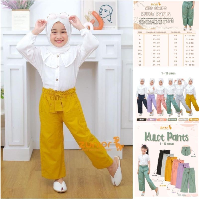 BEST SELLER ~Celana Anak Perempuan Kulot Panjang Bahan Katun Warna Hitam Mustard Harian Pants Zunior