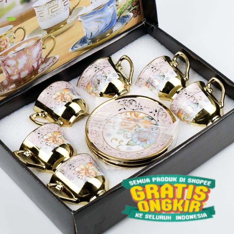 Cangkir Teko Keramik Piring Lepek Tatakan Kecil Mini Set 6 in 1 Tea Cup Teh Kopi Minum Dapur Hampers