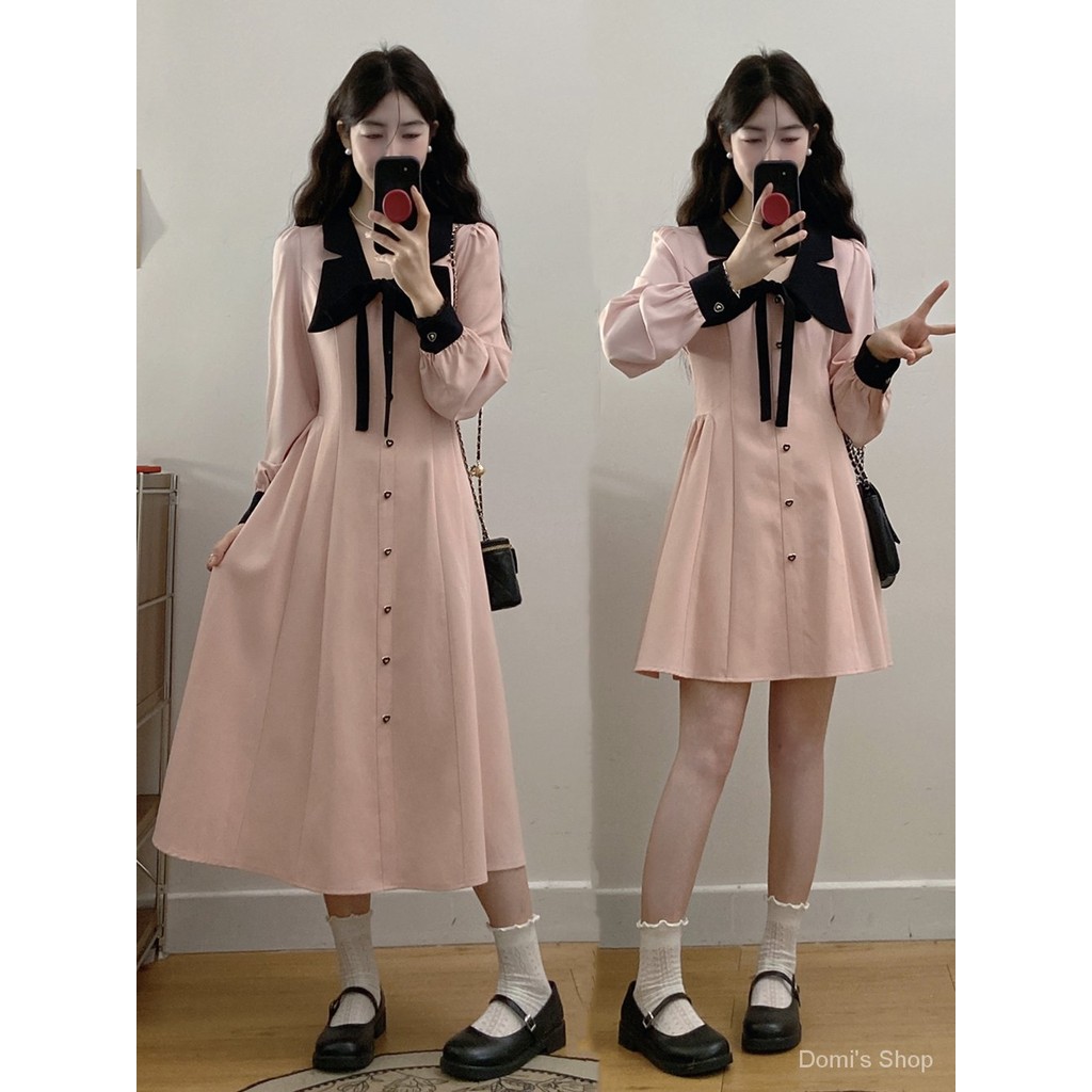 French Style Elegant Little Chanel Long Sleeve Dress Pink Shirt Dress A-line Dress
