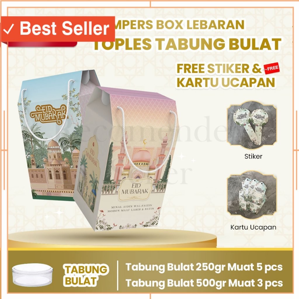 

Kado Unik Lebaran Idul Fitri Murah Style Keren / 25pcs Gable Box kotak hampers Lebaran idul fitri Tali jinjing/Box Hampers besar toples BULAT Kue Kering Idul Fitri / estetik finishing foil (Paket 25pcs) muat toples BULAT (250gr : 5 toples) atau (500gr : 3