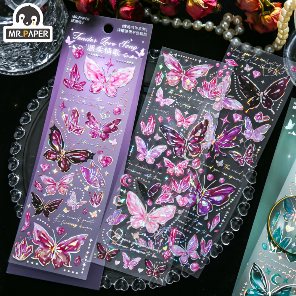 

Mr.Paper 4 Design Vintage Butterfly Stickers Pack Relief Gilding Goo Card Handbook Decoration Stickers Art Supplies Stationery