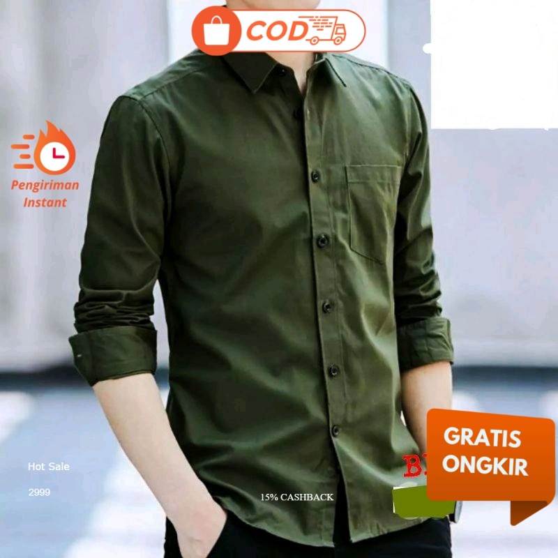 Hurley Kemeja Pria  Kemeja Cowok Polos Lengan Panjang Slimfit Hem Pria Polos Kantor Warna Army