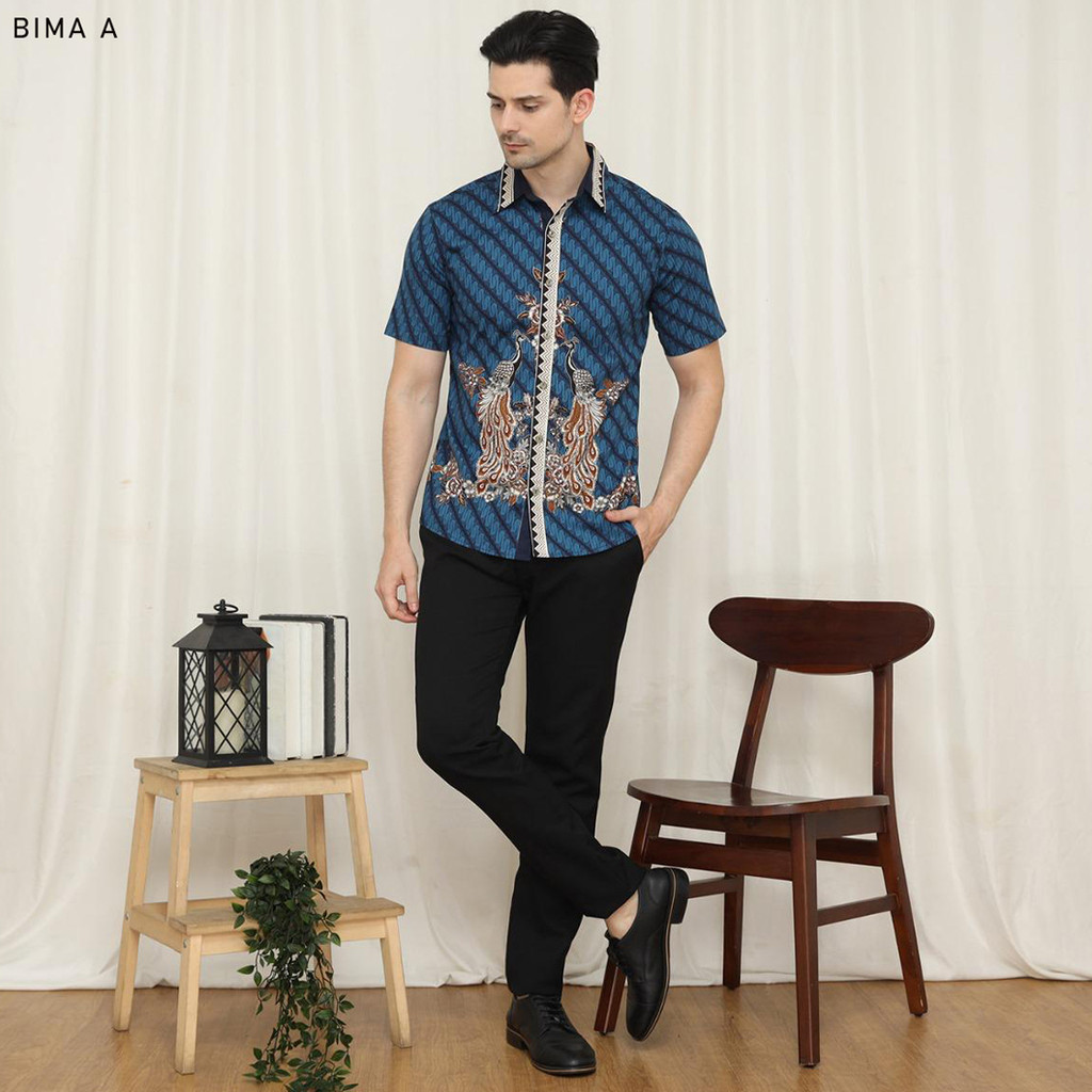 GIRLY Bima Kemeja Batik Pria Lengan Pendek Hem Batik Couple Sarimbit Biru Navy Motif Parang Katun St