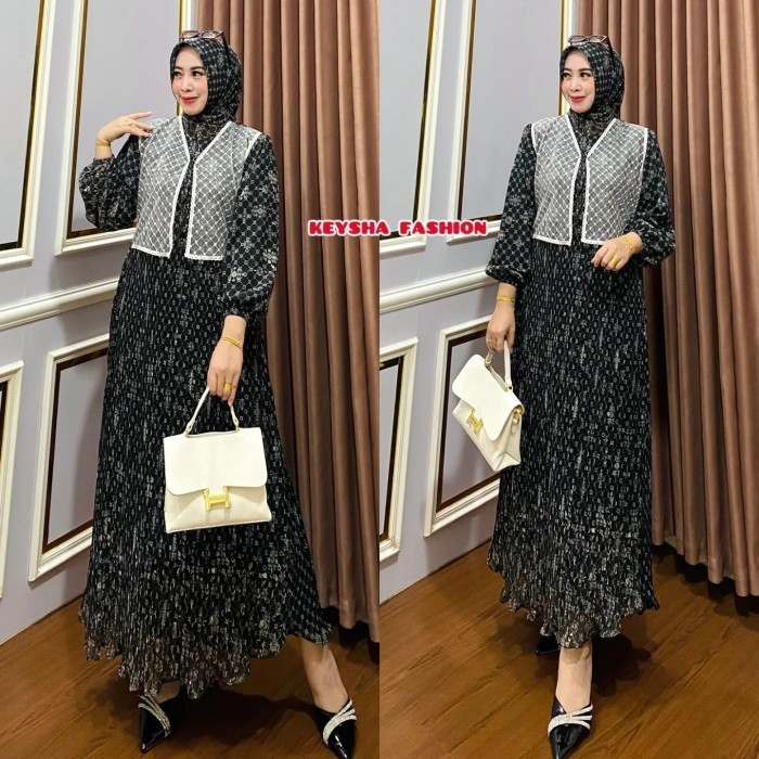 Gamis Ceruty Plisket  Rompi Renda Brukat Plus Hijab - SAGE