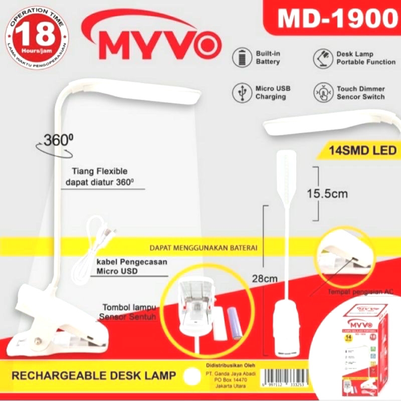 LAMPU MEJA BELAJAR SENTUH JEPIT CAS MYVO MD-1900 CAHAYA PUTIH