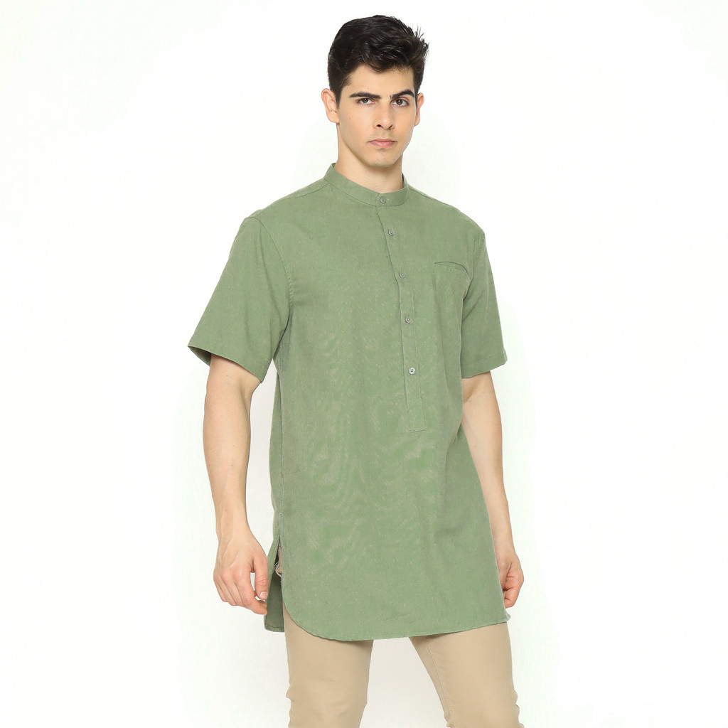 AMK Koko Kurta Kemeja Koko Pria Lengan Pendek Bahan Katun Slub Warna Sage Green Kurta Pria Lengan Pe