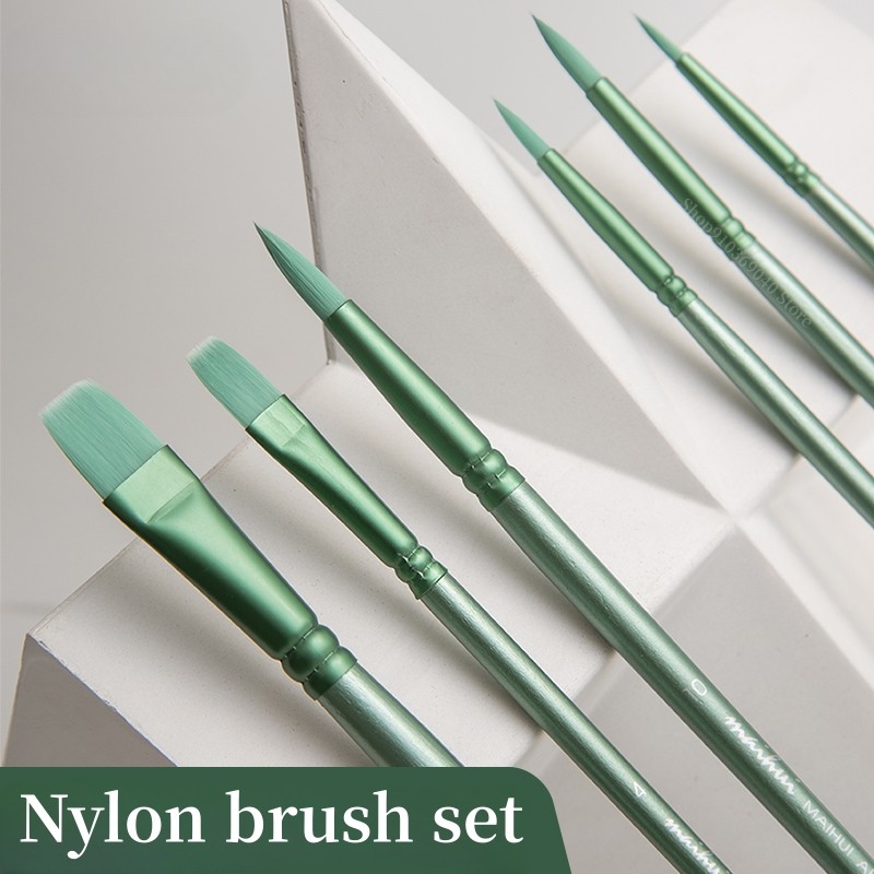 

Watercolor Brush Set Nylon Hair Round Head Flat Head Fresh Green Pole Brush Art Students Special Painting Supplies