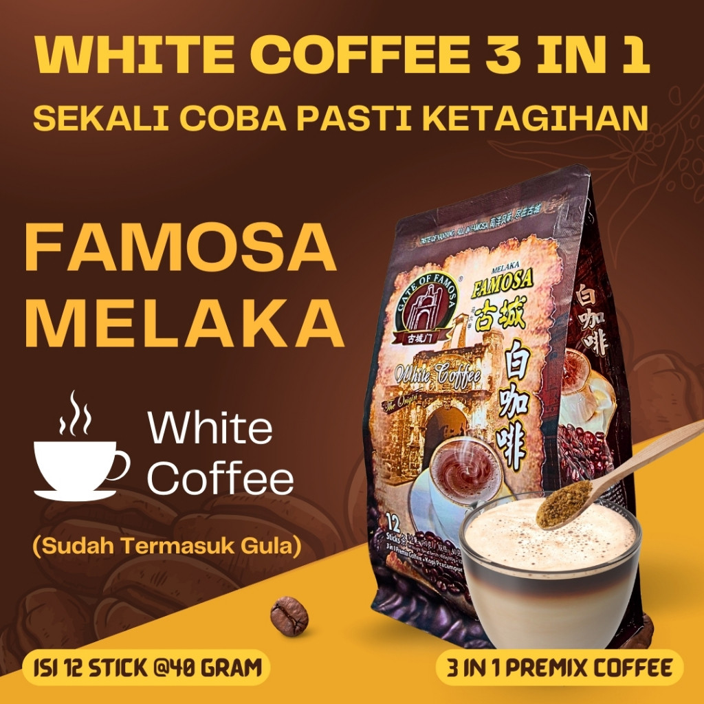 

Kopi White Coffee Less Sugar Sachet Tanpa Ampas Famosa Melaka 3 in 1 Impor Premium Malaysia Sticks