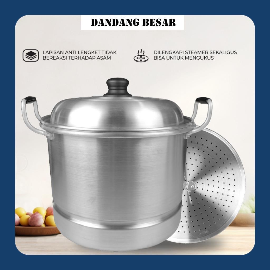 Panci Dandang Kukus Besar 30 Cm + Saringan Langseng Aluminium Tebal 15 liter Ukuran 18-30 Cm