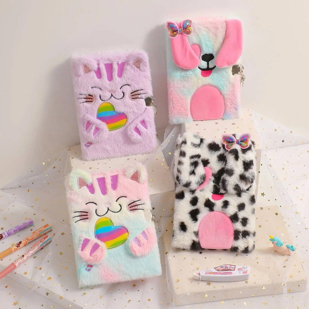 

2024 New Cartoon Plush Cute Cat with Lock Notebook Kawaii Dog Writing Diary Notebook Children's Kindergarten Prize Gift