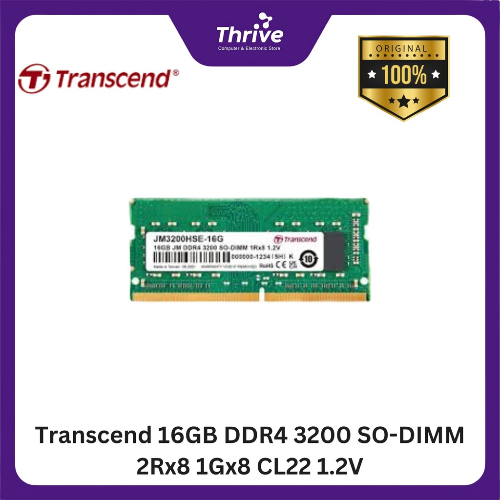 Transcend 16GB DDR4 3200 SO-DIMM 2Rx8 1Gx8 CL22 1.2V