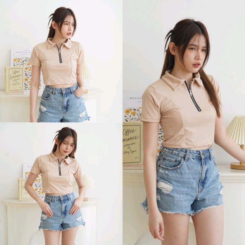CASHA - ZFS PAKAIAN WANITA TASI / SAMMY ZIPPER CROP / Kasual Crop Top Lengan Pendek / OOTD Crop Mode