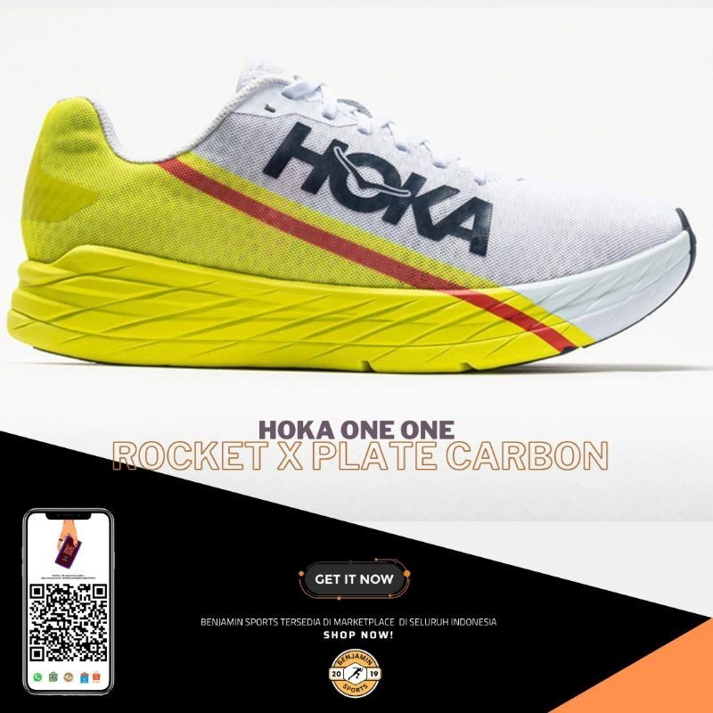 Sepatu lari marathon hoka One One Rocket X Unisex Road Running Shoes - White / Evening Primrose