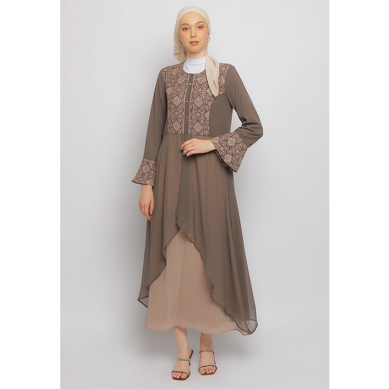 FLASH SALE Gamis Premium Series Mix Border Yashbi Warm Gray Layer Depan Terbaru 2023 Abaya Mewah 543